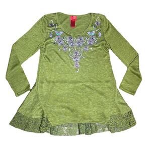 V Christina Tunic Blouse Green Lace Top Rhinestone Embroidered Womens Small